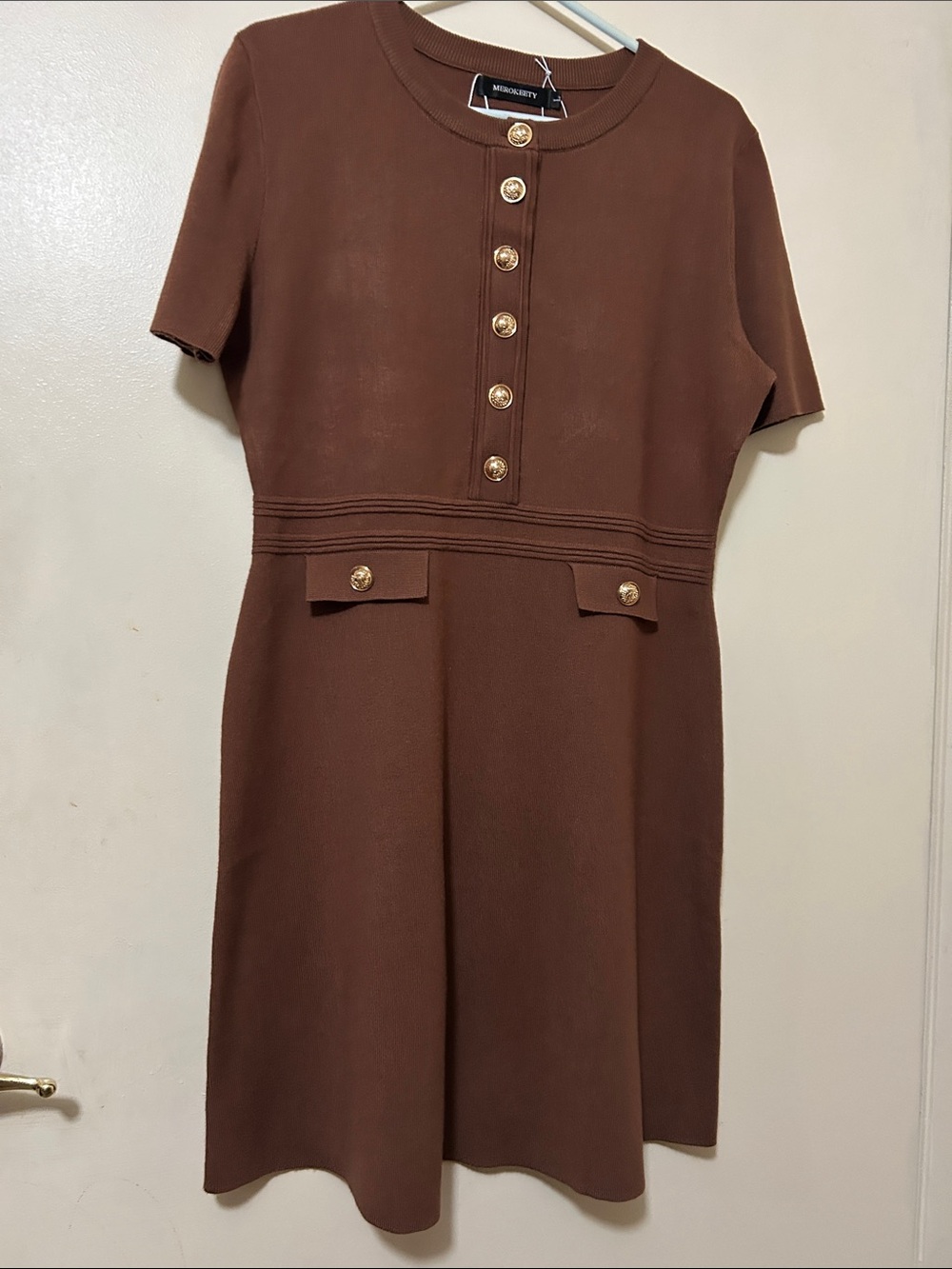 Maje Brown Short-Sleeve Midi Dress with Gold Buttons